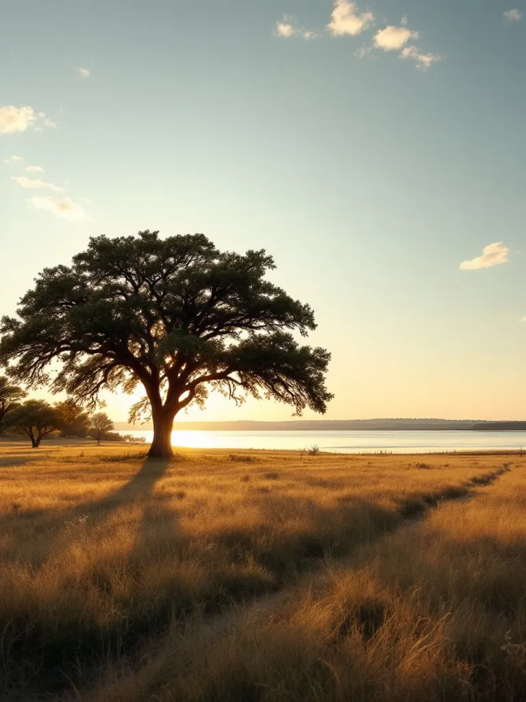 A large spreading live oak over golden savanna grass at sunset near Bois d'Arc Lake, the silver sheet of the reservoir on the flat distant horizon.