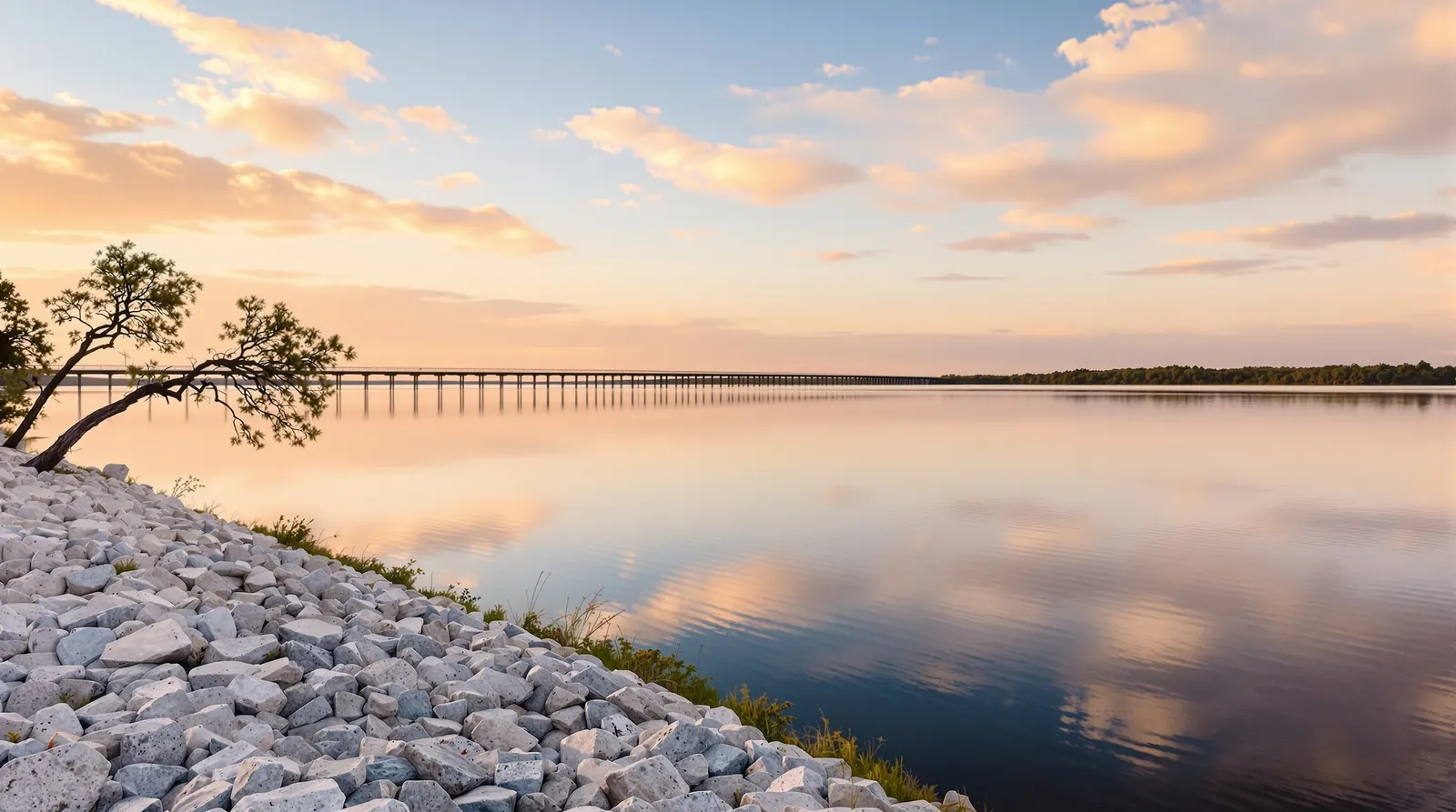 Bois d'Arc Lake at soft golden hour: glassy, mirror-smooth water reflecting a warm pastel sky, a lone tree and limestone rip-rap shoreline on the left, and the long low bridge crossing the flat far horizon.