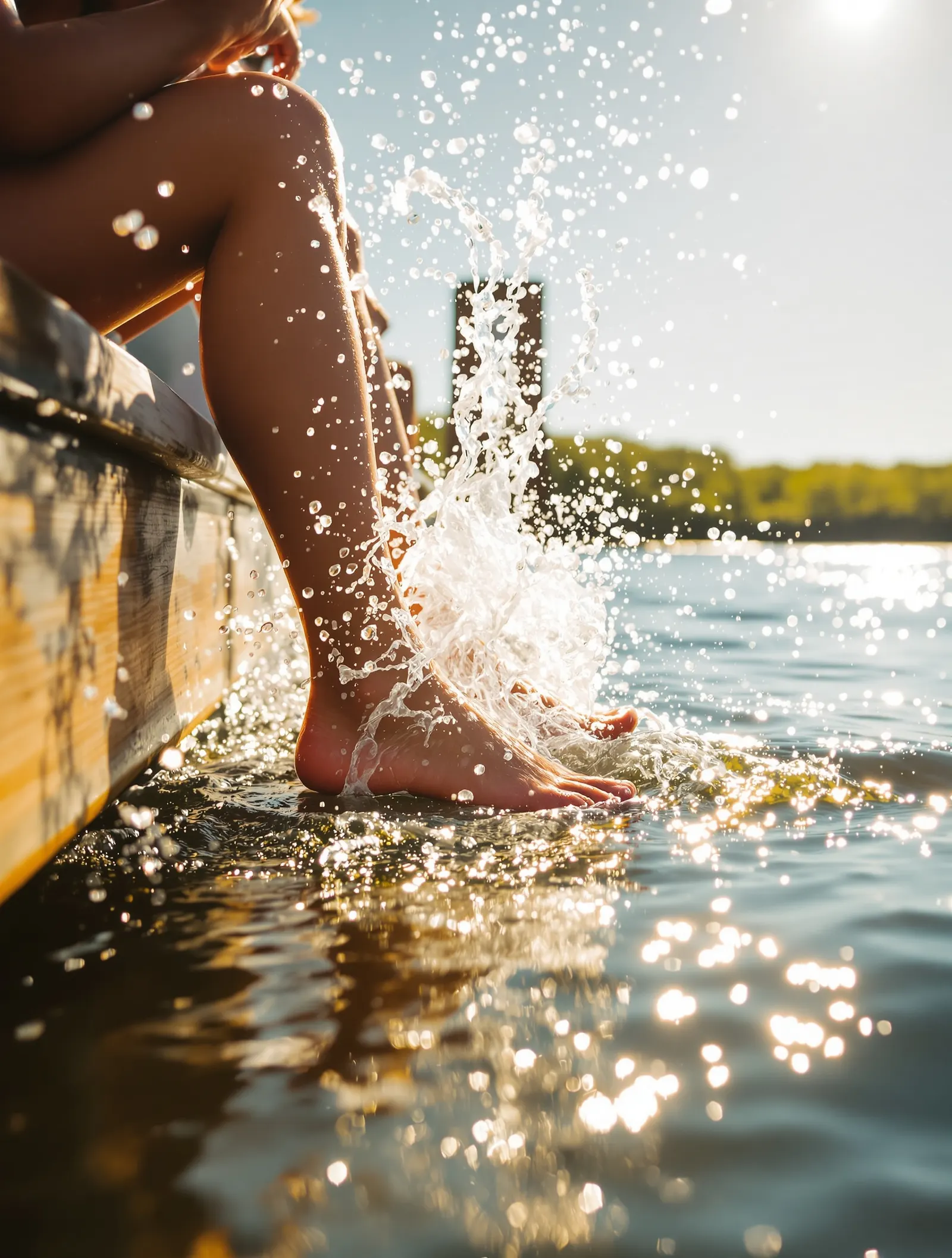 Bare feet splashing bright, sunlit water at the edge of a dock on Bois d'Arc Lake on a warm summer afternoon.