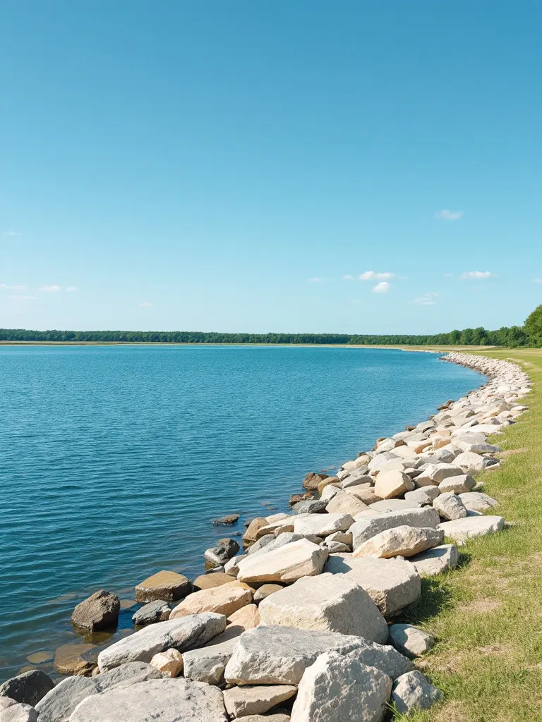 The limestone rip-rap and grass shoreline of Bois d'Arc Lake meeting calm blue water on a clear day, the flat lake stretching to a low tree-lined far shore.