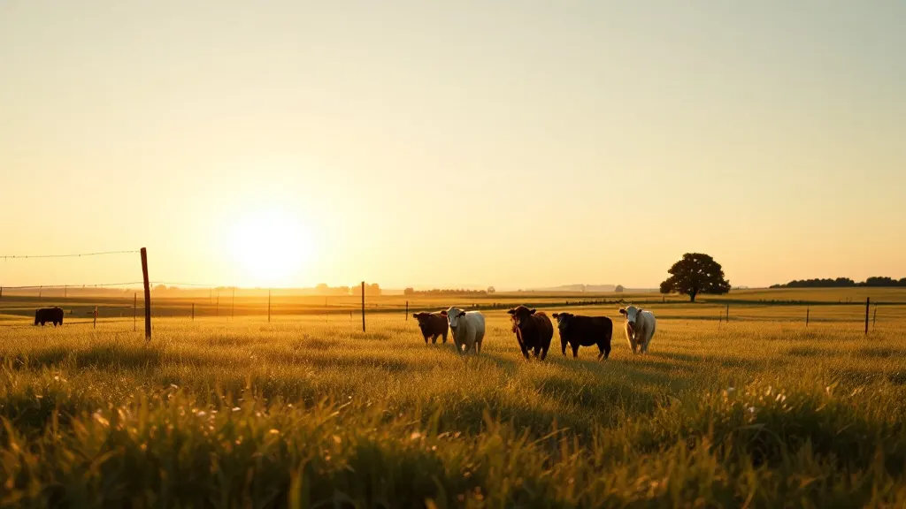 A small herd of cattle grazing on open North Texas pasture at golden hour behind a wire fence.