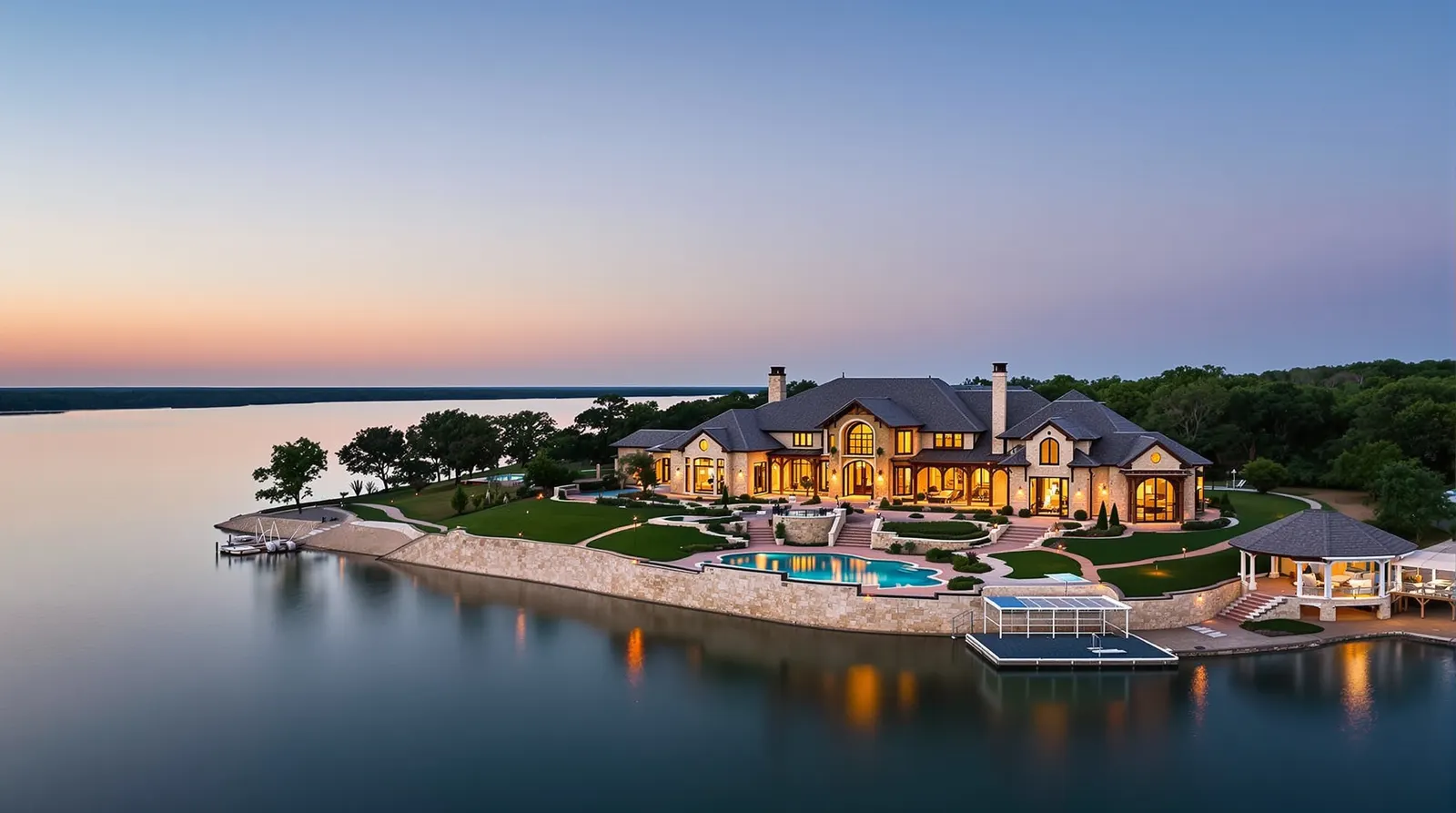 A grand brick-and-limestone Lake Texoma estate glowing warm at dusk, with a curved infinity pool and tiered stone terraces stepping down to a private boathouse over calm open water.
