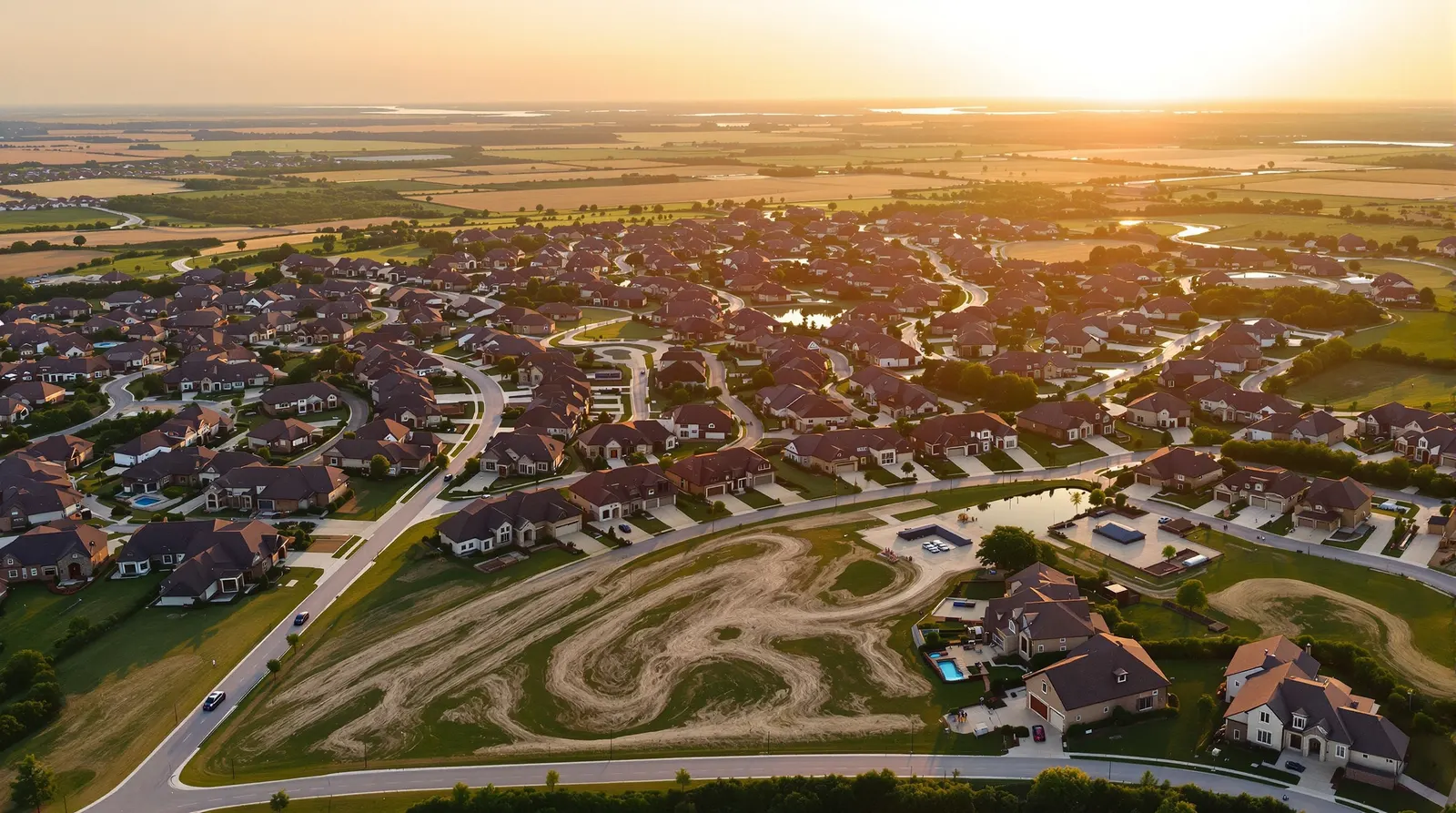 A new master-planned neighborhood on the edge of Grayson County, Texas at golden hour, fresh streets and rooftops giving way to open farmland and a wide North Texas sky.