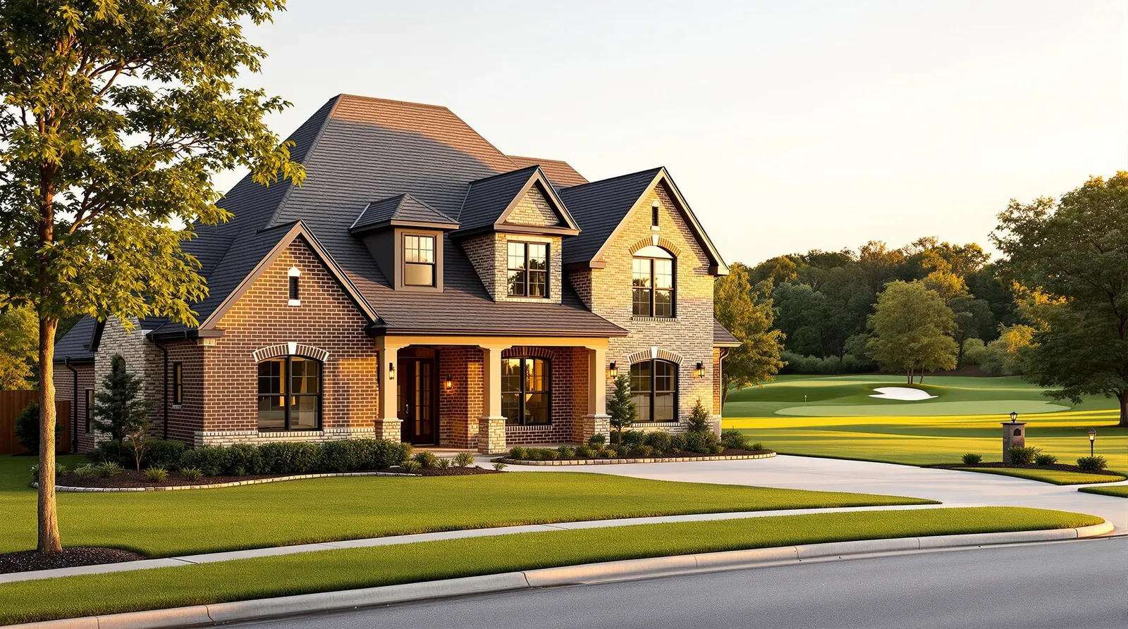 A handsome newly built brick-and-stone two-story family home on a quiet street in a North Texas golf-course community at golden hour, with a manicured fairway green visible beyond the home.