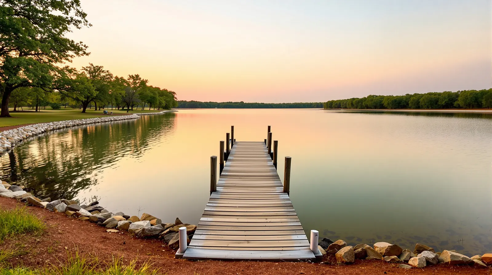 A weathered wood dock reaching into a calm North Texas lake at golden hour, rip-rap rock and red-dirt bank along a tree-lined mainland shore, a low far shore across the pale water.