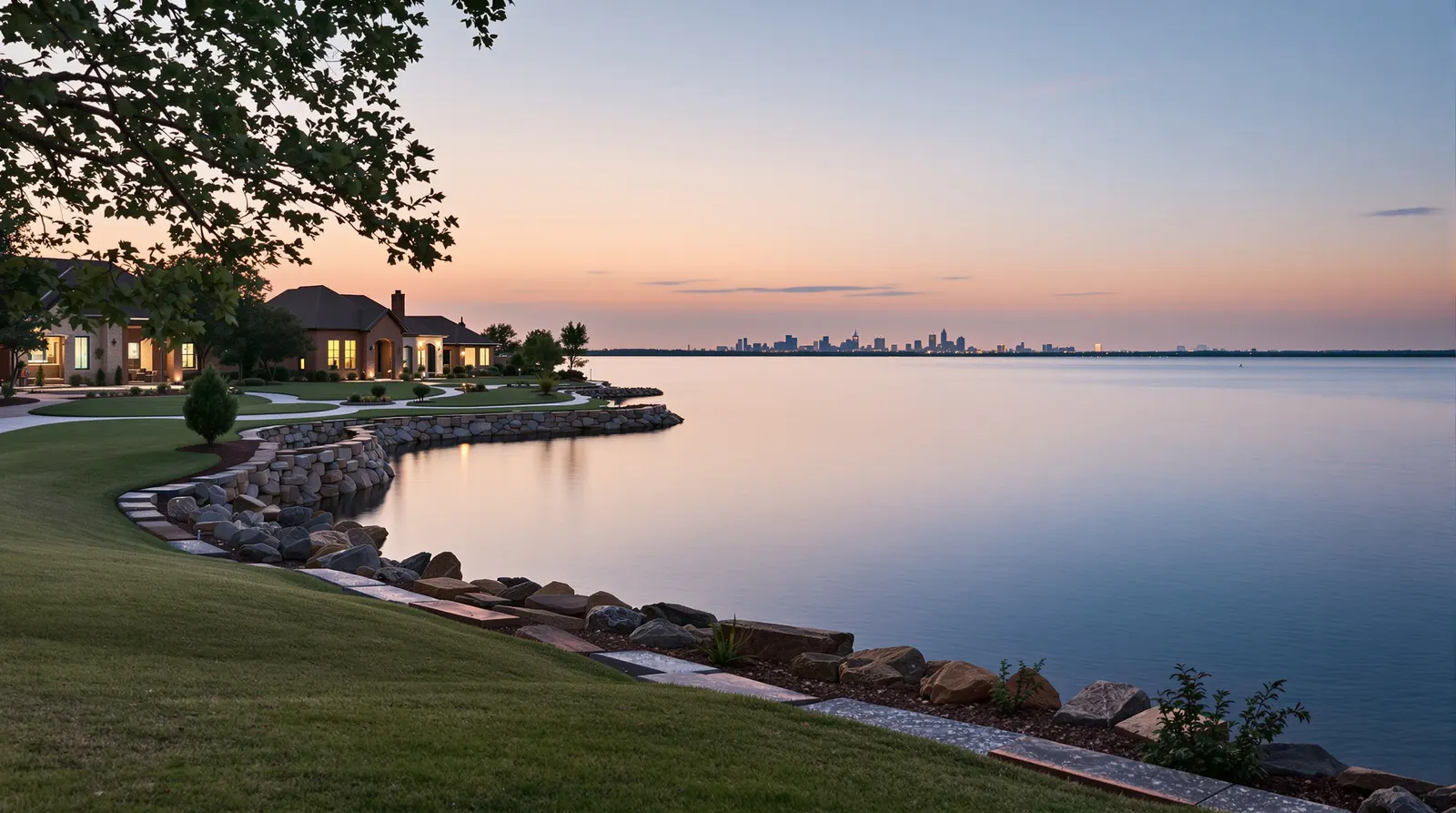 A landscaped suburban lakefront on Lake Ray Hubbard at dusk with brick-and-stone homes, a stone bulkhead, and a faint downtown Dallas skyline silhouetted low across the calm water.