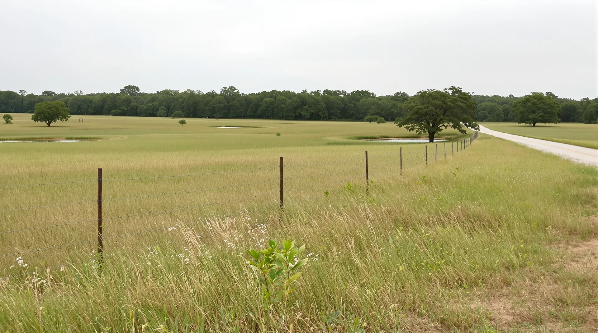 Open North Texas ranch land under a soft overcast sky, a wire fence line running past stock ponds and scattered oak trees toward a gravel road and a distant tree line.