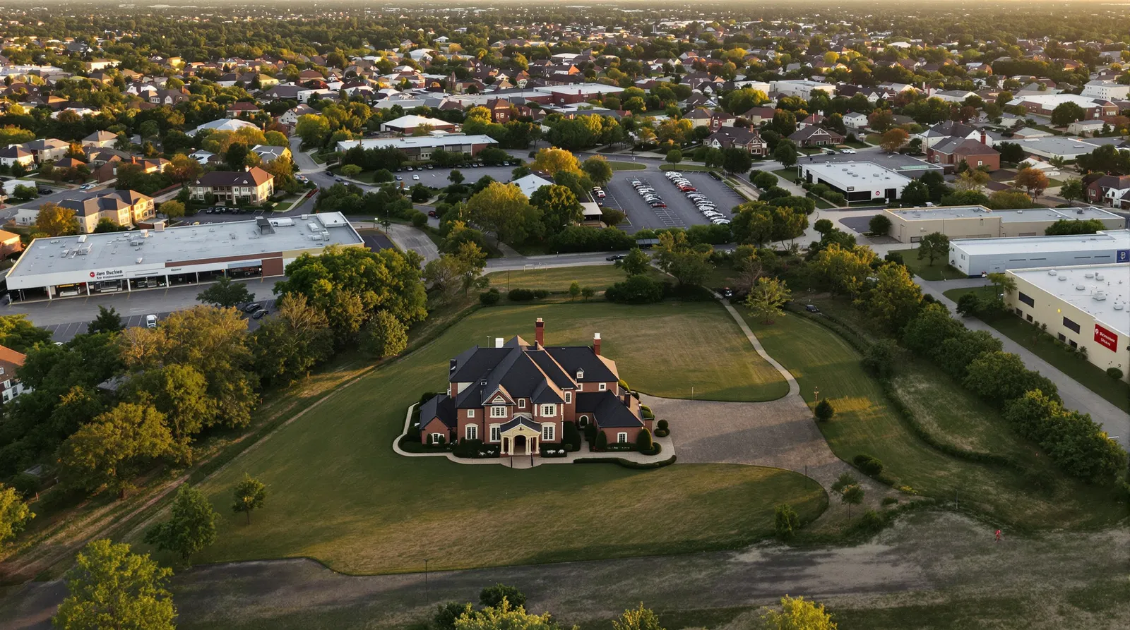 A large North Texas luxury estate on a wide lawn at golden hour, with the rooftops of a new subdivision and a shopping center visible just beyond its tree line.