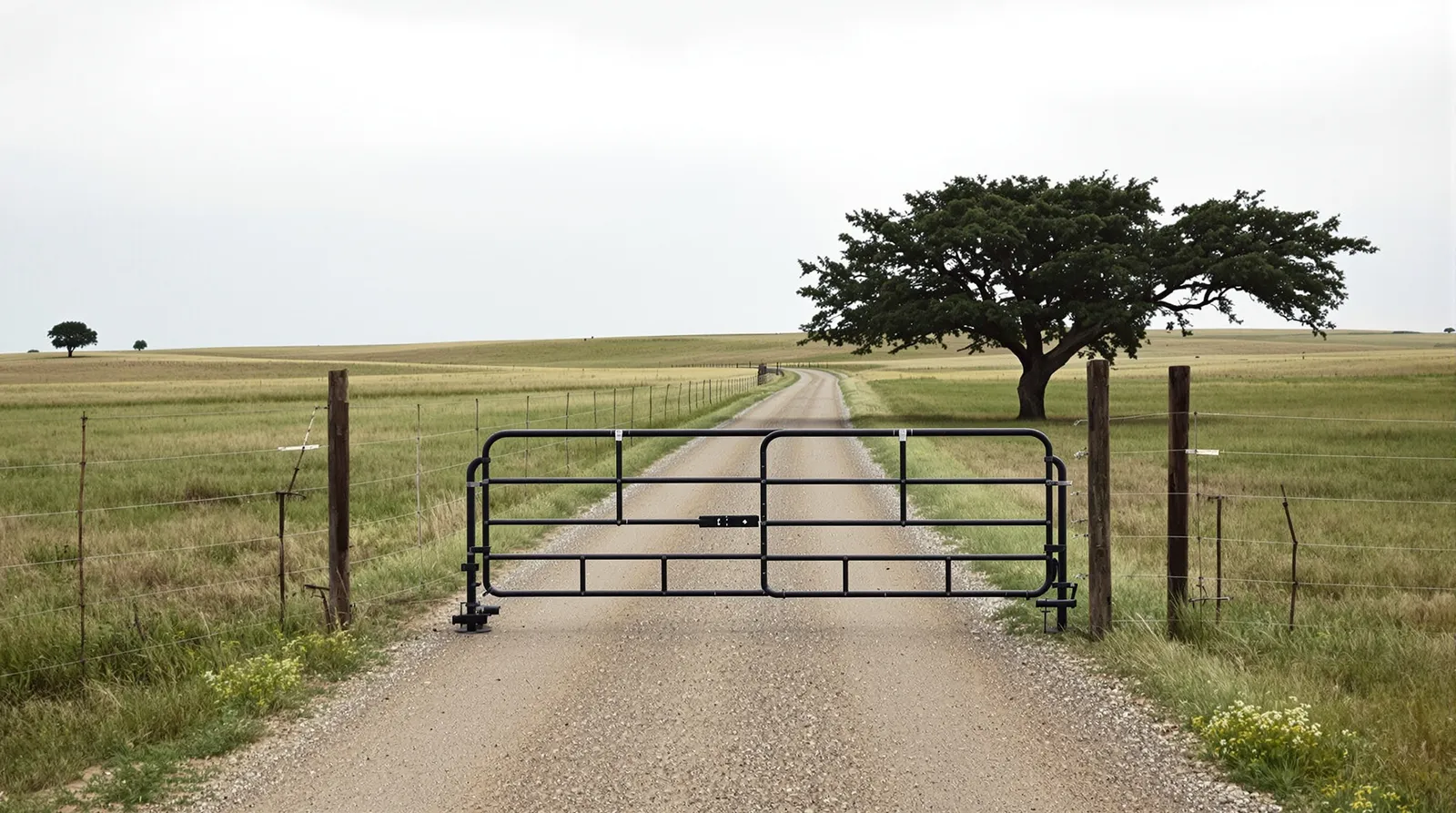 A steel pipe entrance gate across a gravel drive on a North Texas ranch under an overcast sky, wire fence running off both directions along rolling pasture, with a lone oak on the horizon.