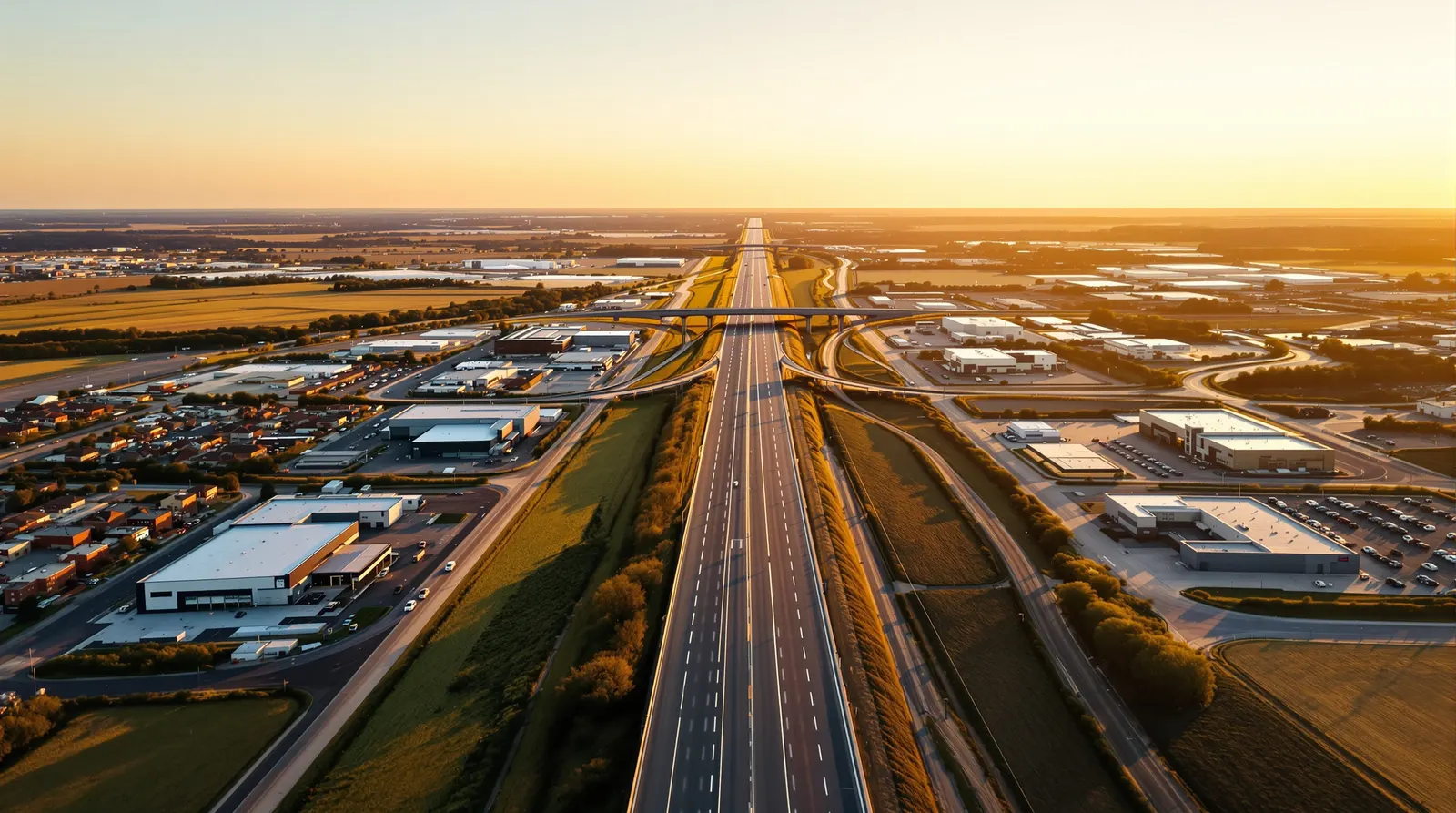 Aerial view of a wide divided US-75-style highway corridor through a growing North Texas town at golden hour, new commercial and industrial pads on both sides with open prairie farmland beyond.