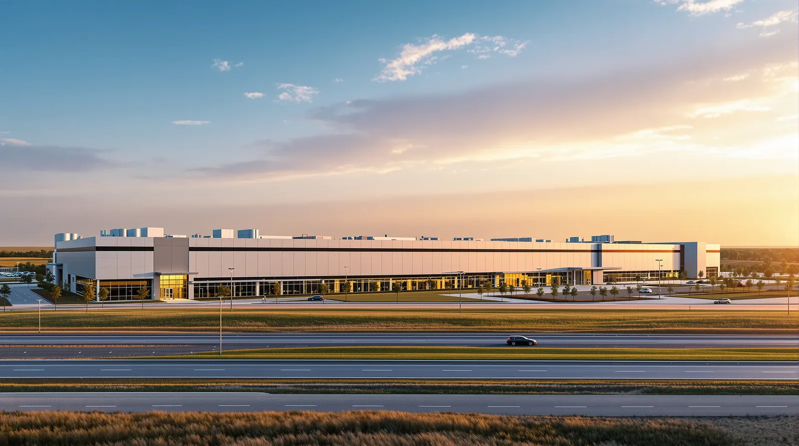 A long, low, modern semiconductor manufacturing plant with a clean metal facade and rooftop equipment beside a wide divided Texas highway at golden hour, flat prairie behind it.