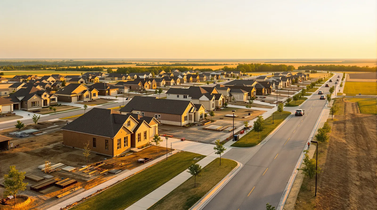 Aerial view of a new single-family subdivision on the prairie edge of a North Texas town at golden hour, some homes finished and some in framing, fresh streets and young trees.