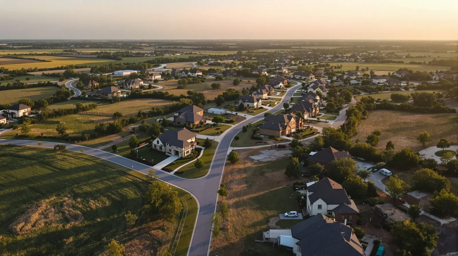 A new master-planned neighborhood of homes on the edge of Sherman, Texas at golden hour, open North Texas farmland and a big sky beyond.