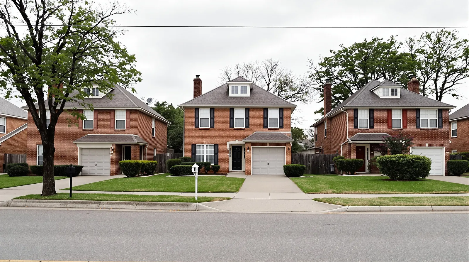 Three similar two-story brick suburban homes standing side by side on a North Texas street, comparable houses of the same era with neat front lawns, under soft overcast light.