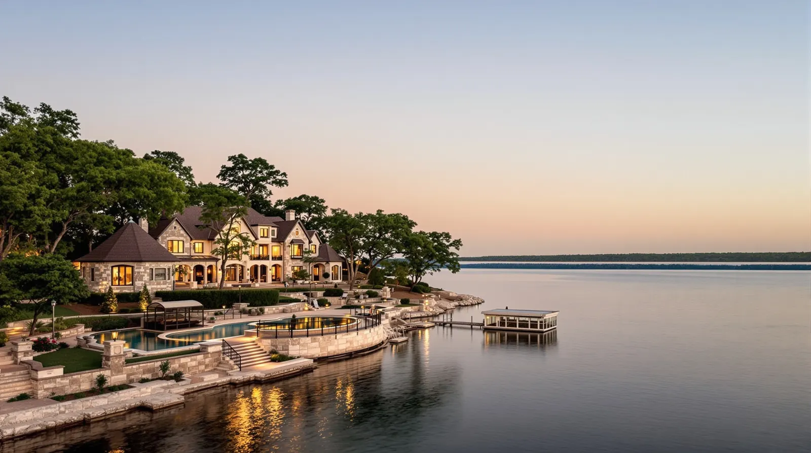A grand stone Lake Texoma estate at dusk seen from the water, with a curved infinity pool, tiered terraces, and a covered boathouse over the cove.