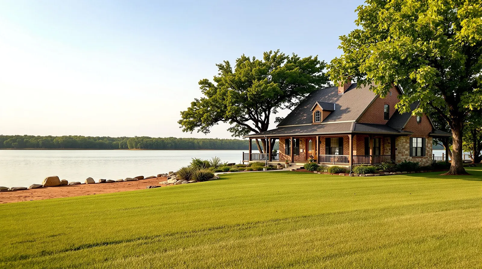 A brick-and-stone Texas lake home on a broad green lawn that slopes to the Lake Texoma shoreline, the wide lake and a low tree-lined far shore beyond in warm afternoon light.
