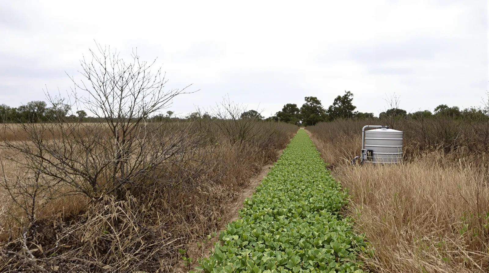 A narrow planted food-plot strip of low green forage cut into native North Texas grassland, edged by brush piles and scattered oaks, with a simple metal wildlife water tank at the field edge.