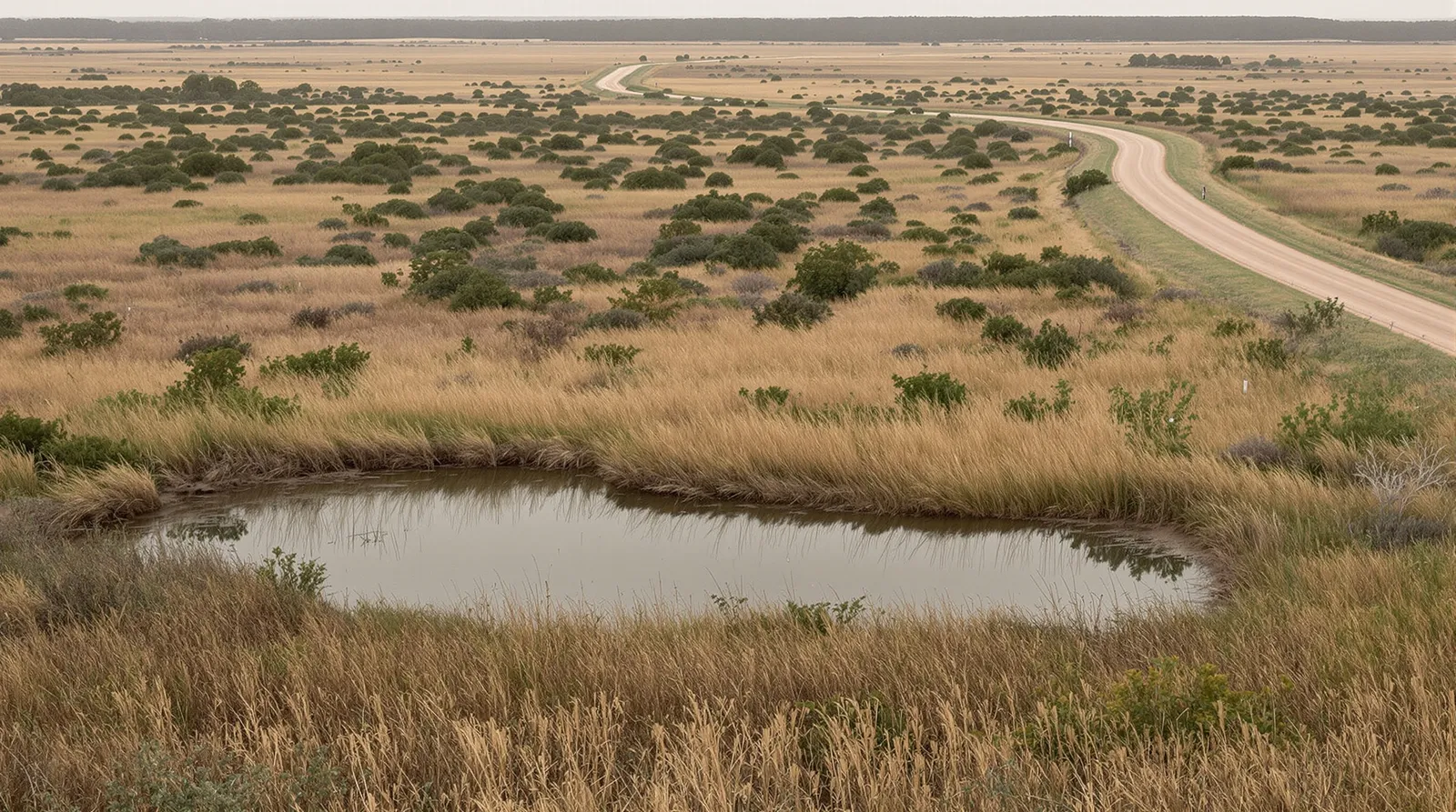 North Texas land managed for native wildlife under a soft overcast sky: native prairie grasses, brushy cover, mottes of oak, and a small earthen water pond, with a faint two-track road running toward a distant tree line.