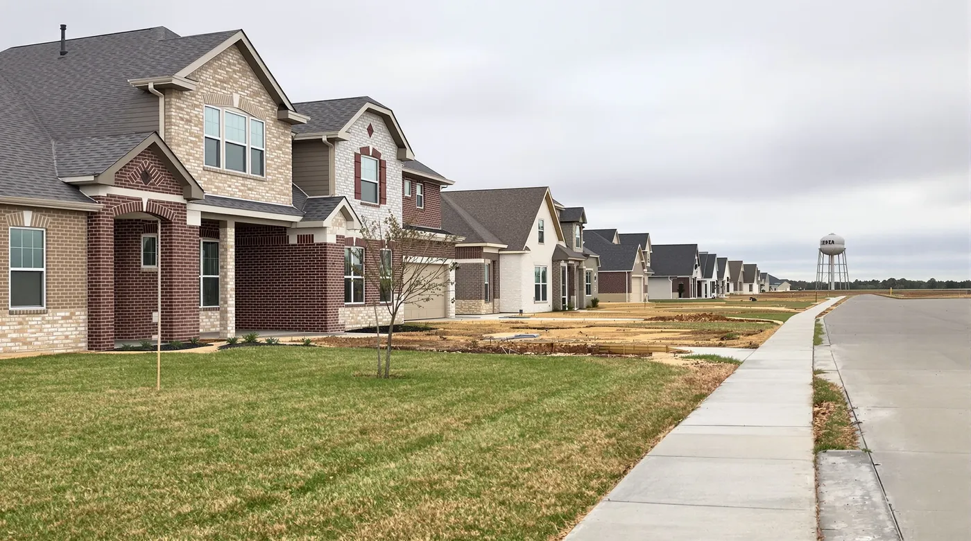 Newly finished two-story brick homes with fresh sod lawns at the growing edge of a Collin County subdivision, graded lots and open prairie beyond.