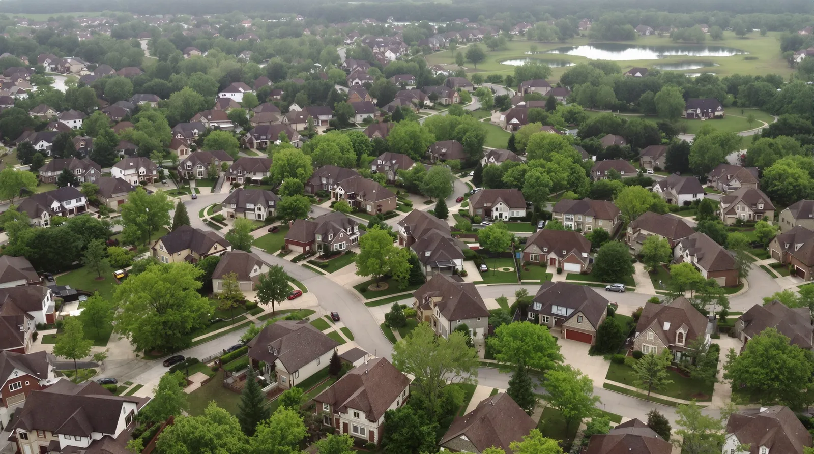A high aerial view over an established Collin County suburban subdivision, rows of brick and stone rooftops on curving tree-lined streets with a community pond in the distance.
