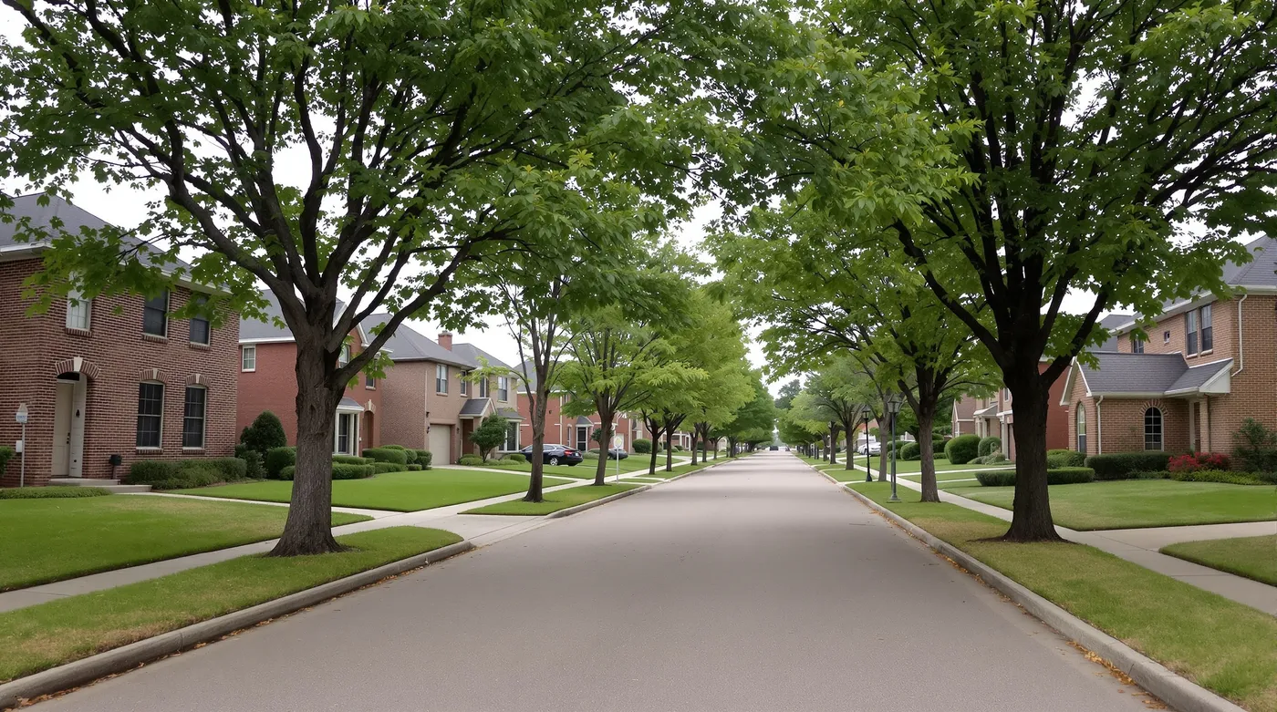 An established Collin County street lined with similar two-story brick homes of the same era, evenly spaced with neat lawns and mature shade trees.