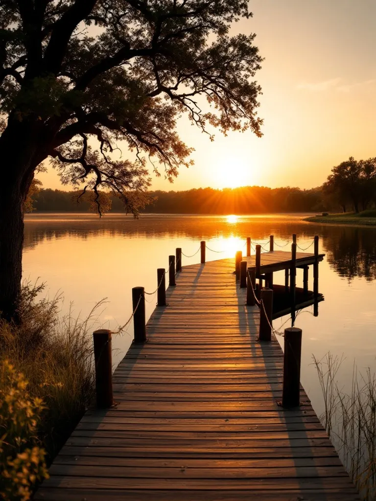 A private wooden dock reaching over still golden-hour water on Lake Ray Hubbard.