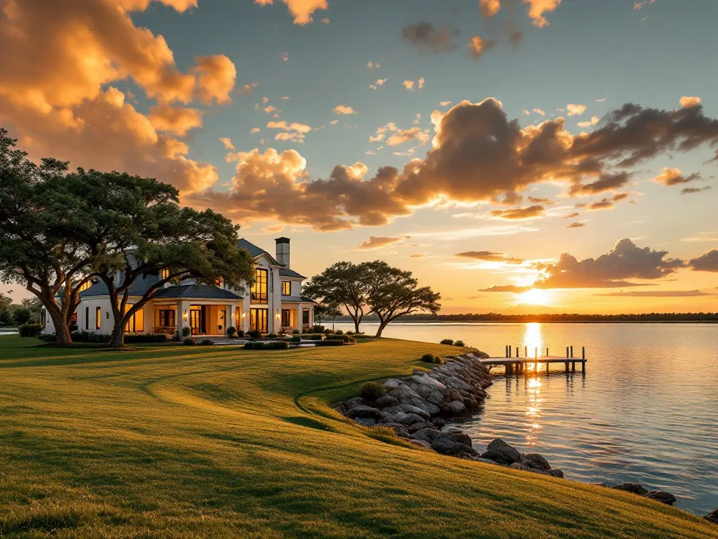 A transitional lakefront home set back on a manicured lawn above the water at golden hour.