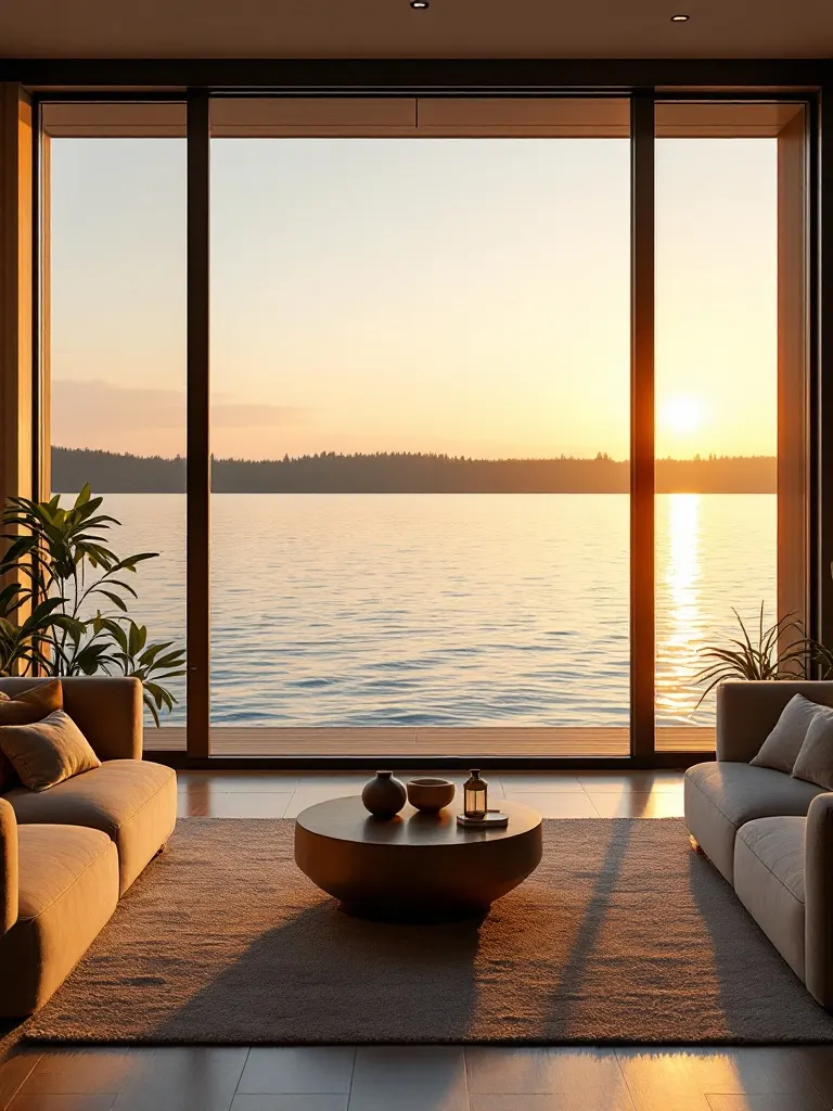 A living room framed by floor-to-ceiling windows opening onto Lake Ray Hubbard at golden hour.