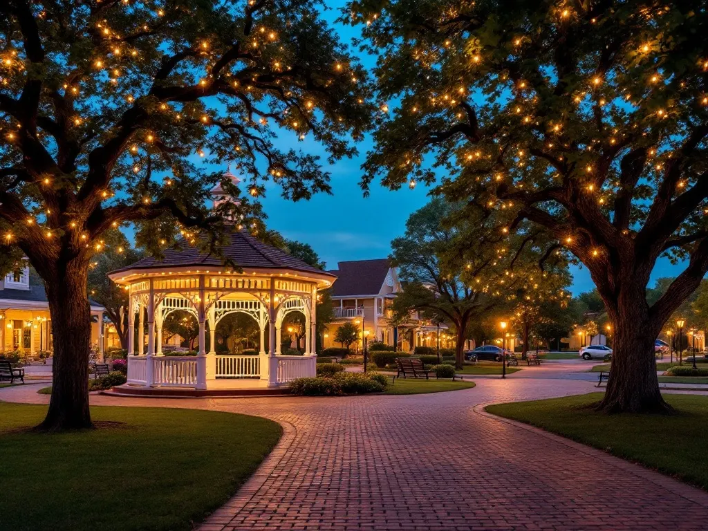 A small-town Texas community park at dusk — a white gazebo and mature oaks strung with warm string lights over brick pathways and benches.