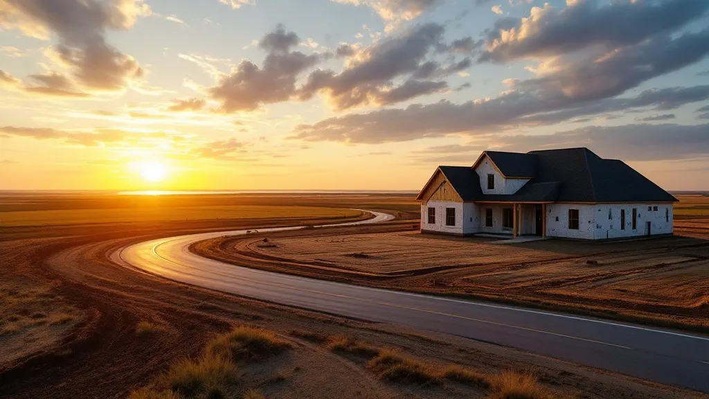 A newly built home rising at the edge of open North Texas farmland at dusk, a fresh graded street curving past and a distant lake on the horizon.