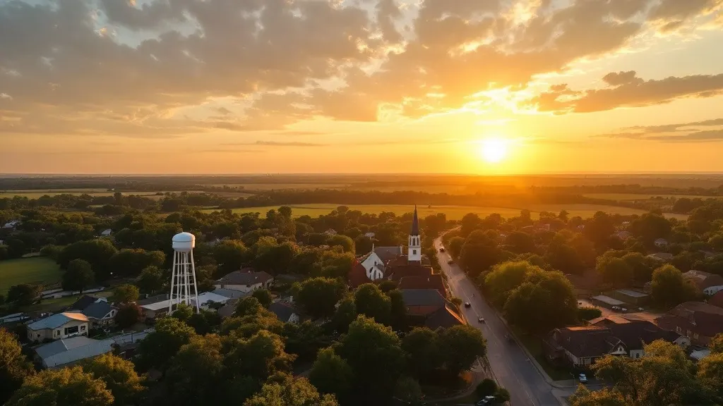 A small North Texas country town at golden hour — a white water tower and church steeple among mature trees and tidy streets, giving way to open farmland and a wide, warm sky.