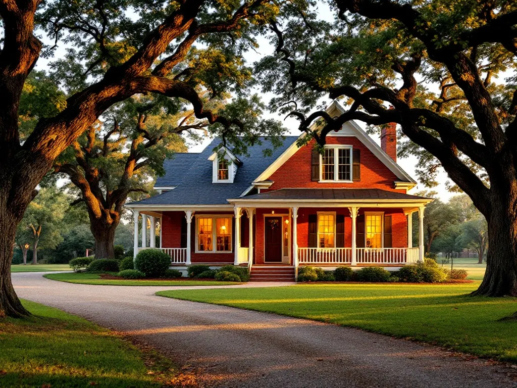 A classic red-brick Texas home with a deep covered porch on a tree-shaded lot at golden hour, warm light in the windows.