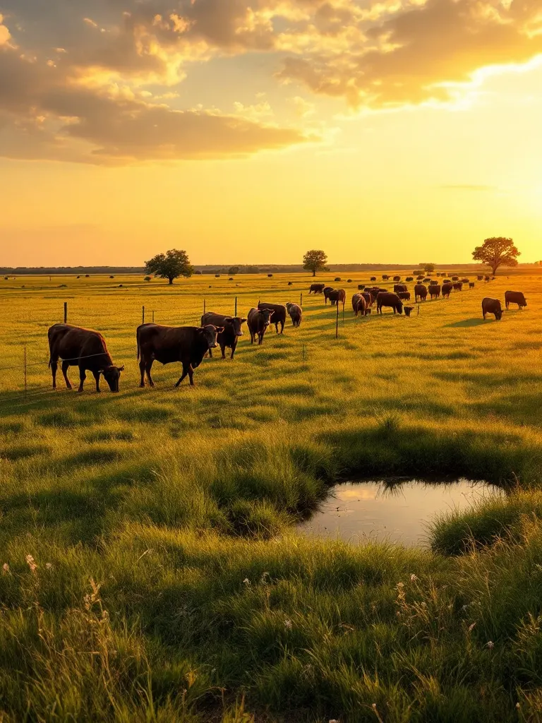 Cattle grazing on green Blackland Prairie pasture at golden hour, a wire fence and a stock pond — the working ag use that carries a tract's agricultural valuation.