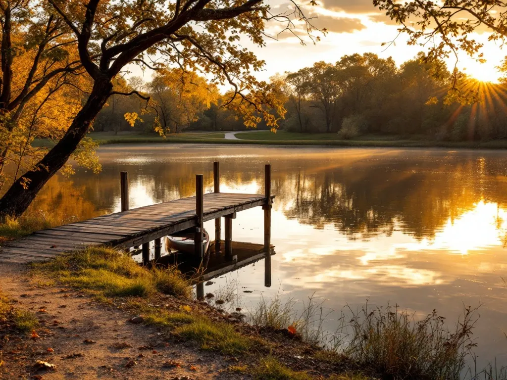A calm North Texas lake at golden hour ringed by oak woods, a weathered wooden fishing dock and a shoreline trail, a canoe pulled up on the bank.