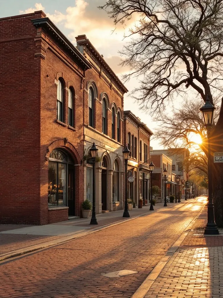 A historic small-town Texas main street at golden hour — two-story red-brick storefronts with tall arched windows, vintage lampposts and a brick-paved street.