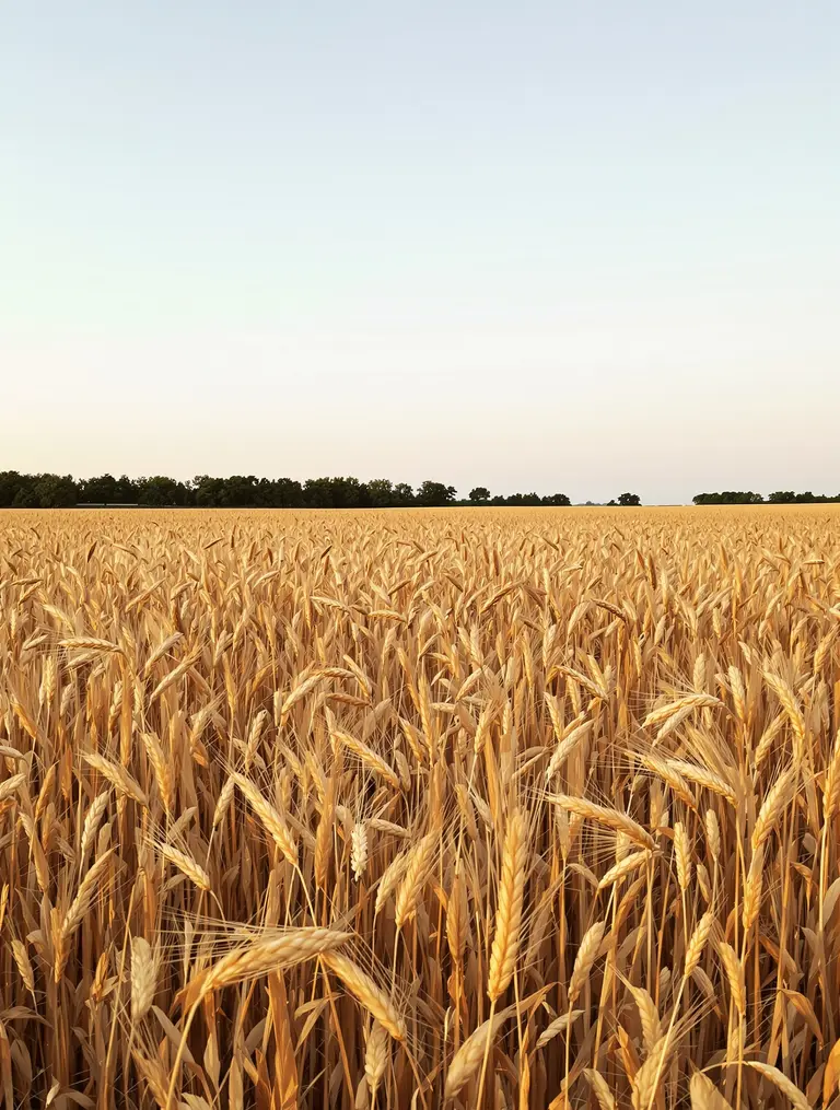 A ripe golden wheat field ready for harvest on North Texas farmland, heavy seed heads catching warm late-afternoon light.