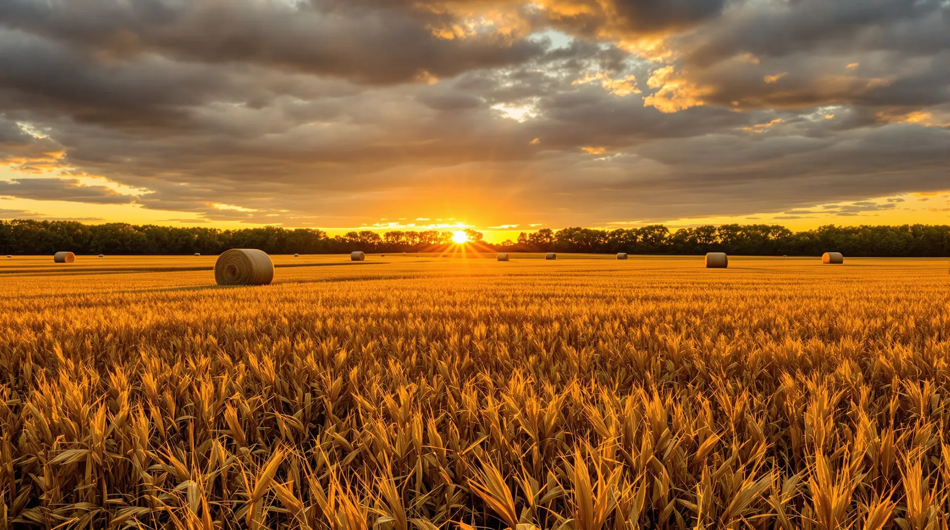 A harvested North Texas grain field at sunset, round hay bales and golden stubble under a dramatic sky.
