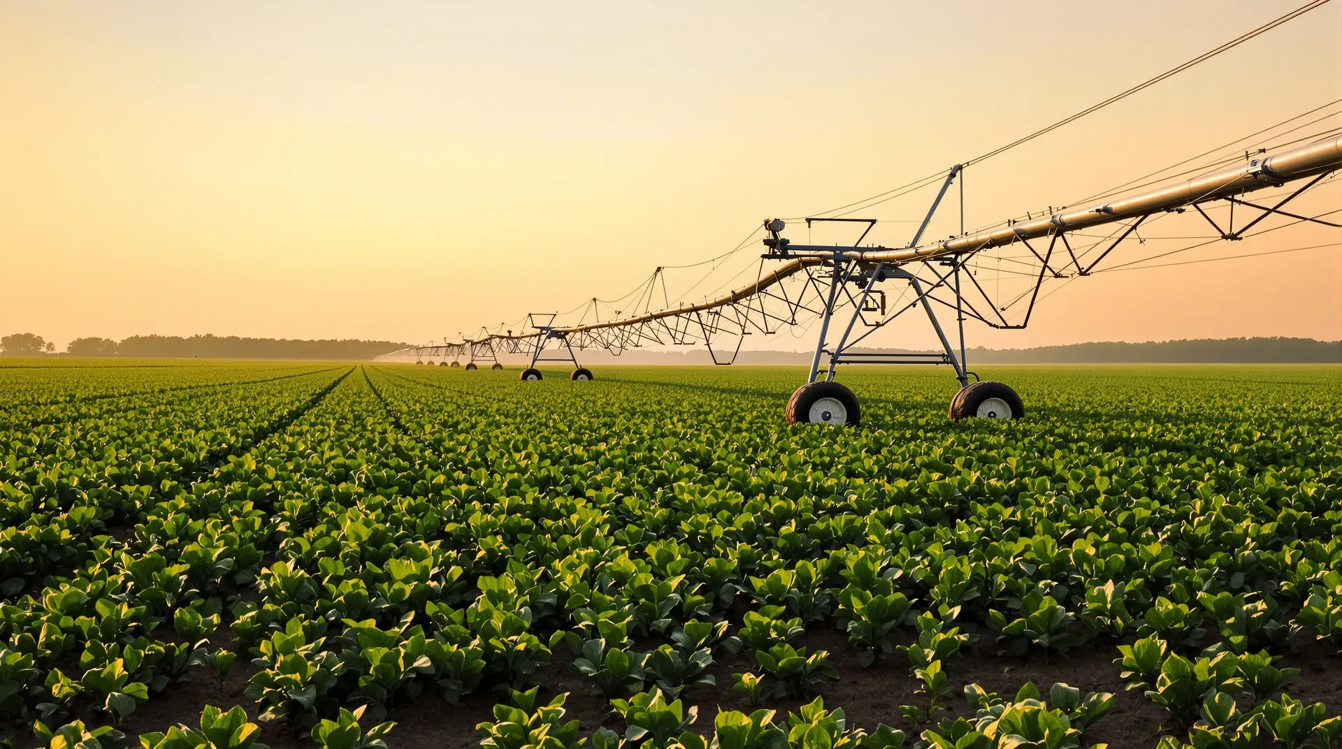 A center-pivot irrigation system stretching across a lush green North Texas crop field at golden hour.