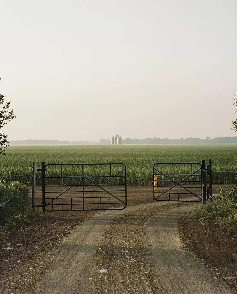 An open farm gate onto a green North Texas crop field with grain bins on the misty horizon at first light.