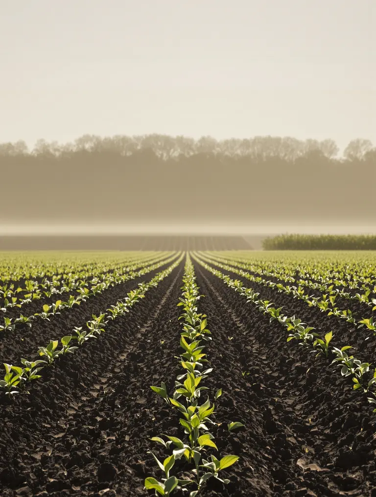 Young green crop seedlings emerging in long rows of dark, almost black Blackland Prairie clay soil on North Texas farmland.