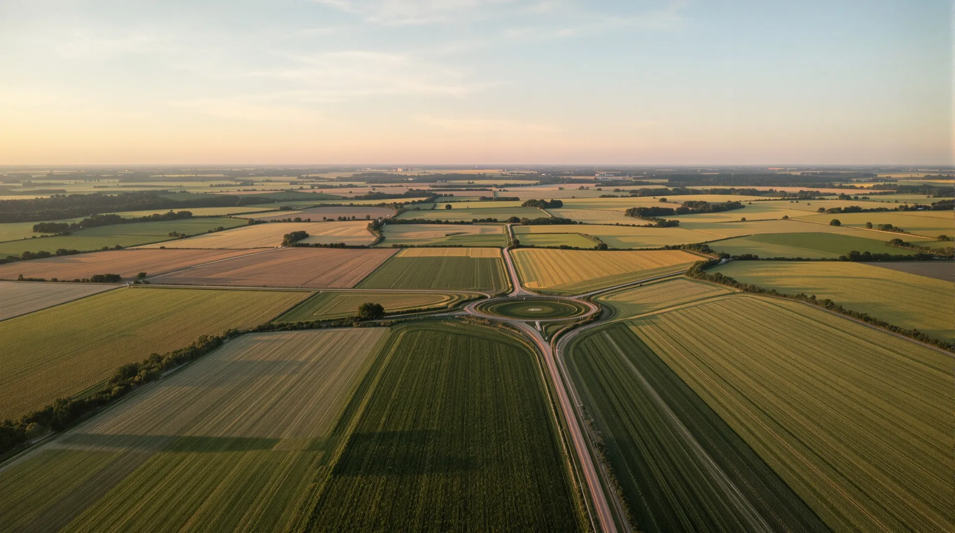 An aerial view of North Texas Blackland Prairie farmland at golden hour, a patchwork of cultivated crop fields in greens and golds divided by dirt roads and treelines.