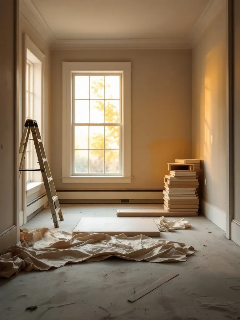 The interior of a North Texas house mid-renovation in warm daylight, a step ladder and a drop cloth on the floor, fresh baseboards stacked by the wall.