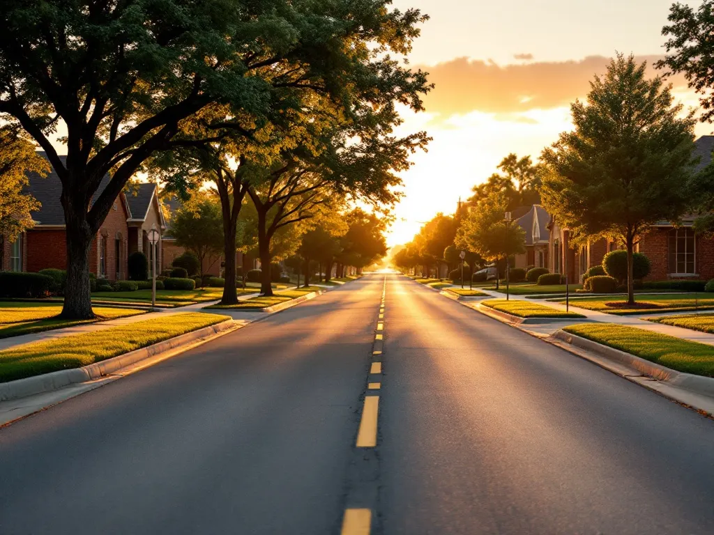 A calm, tree-lined North Texas suburban street of well-kept brick homes at golden-hour sunset.