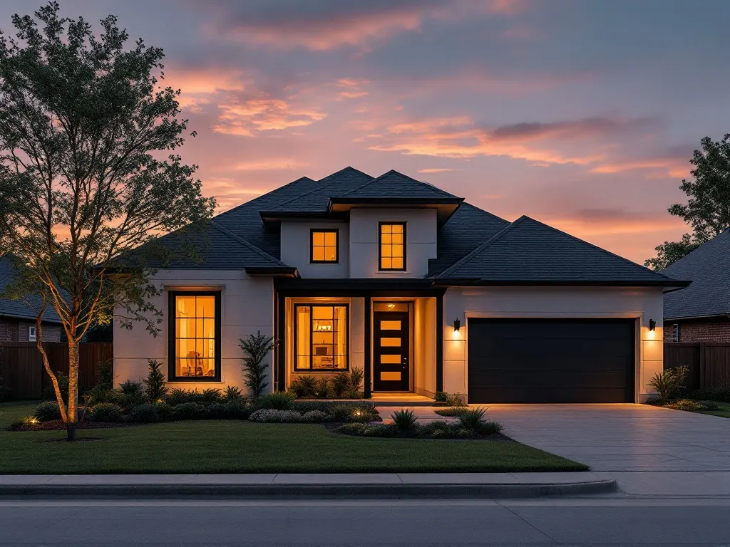 A sleek, well-kept modern home exterior with warm windows at dusk.