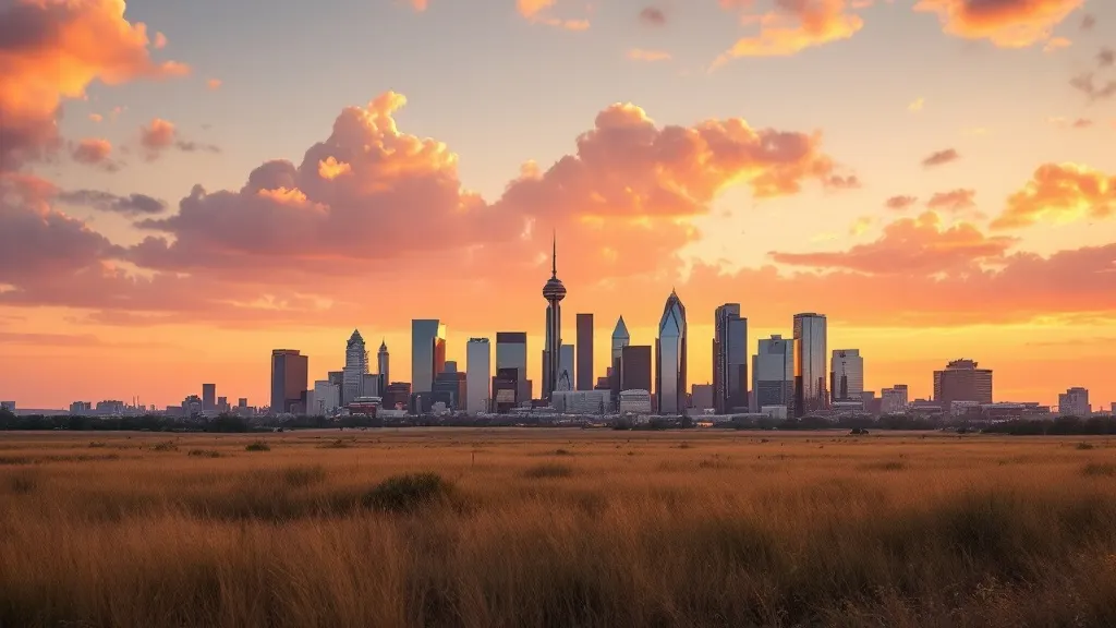 A distant North Texas city skyline seen across open prairie at golden hour.