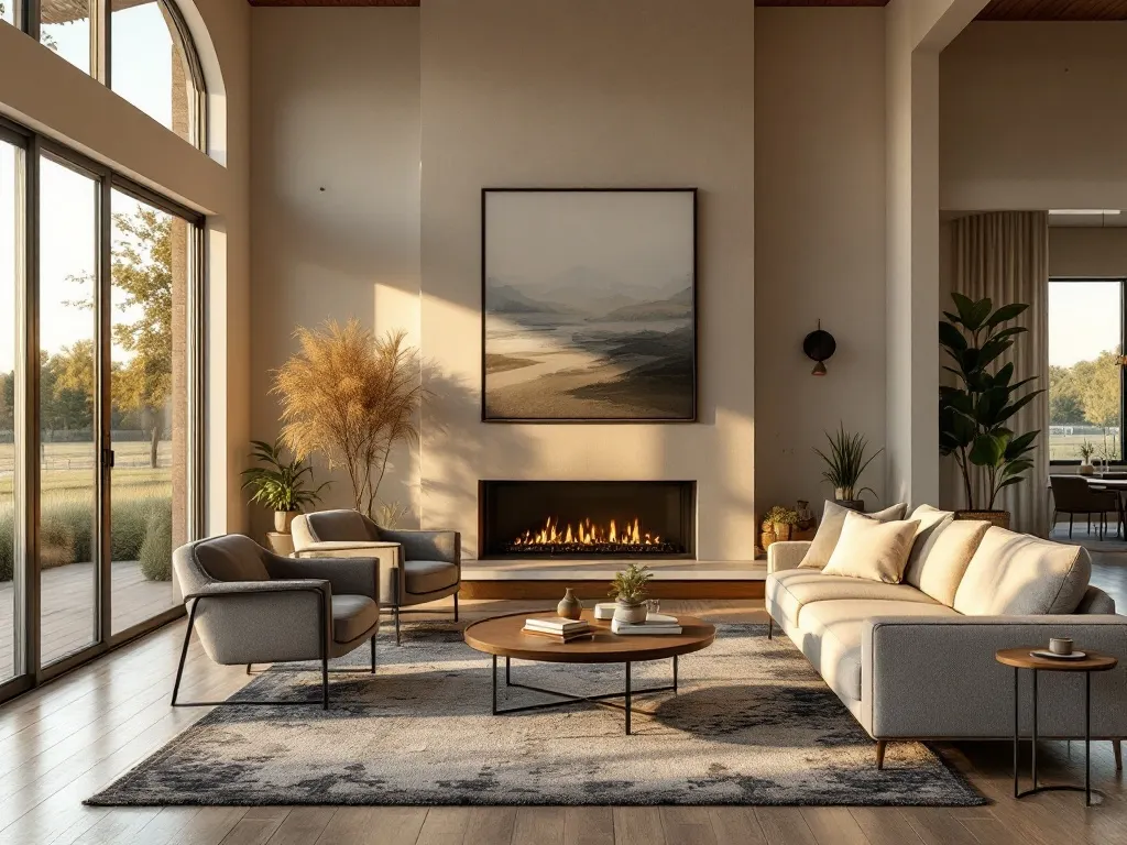 A warm modern living room with a fireplace and large windows in natural light.