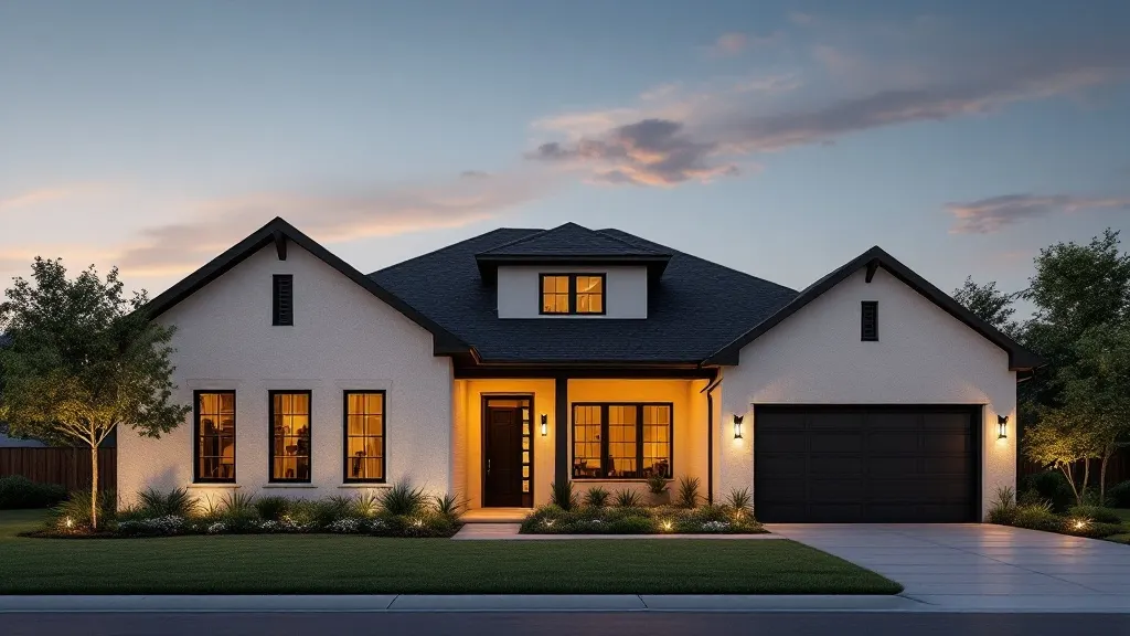 A modern two-tone transitional home with warm glowing windows at dusk.