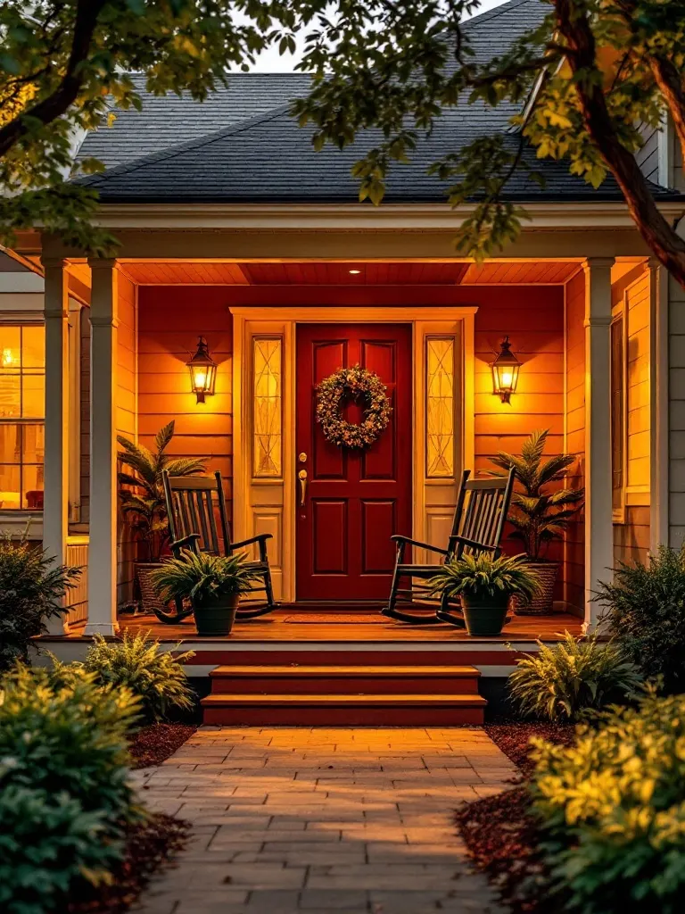 A welcoming front porch with a red door, rocking chairs, and lanterns at warm evening light.