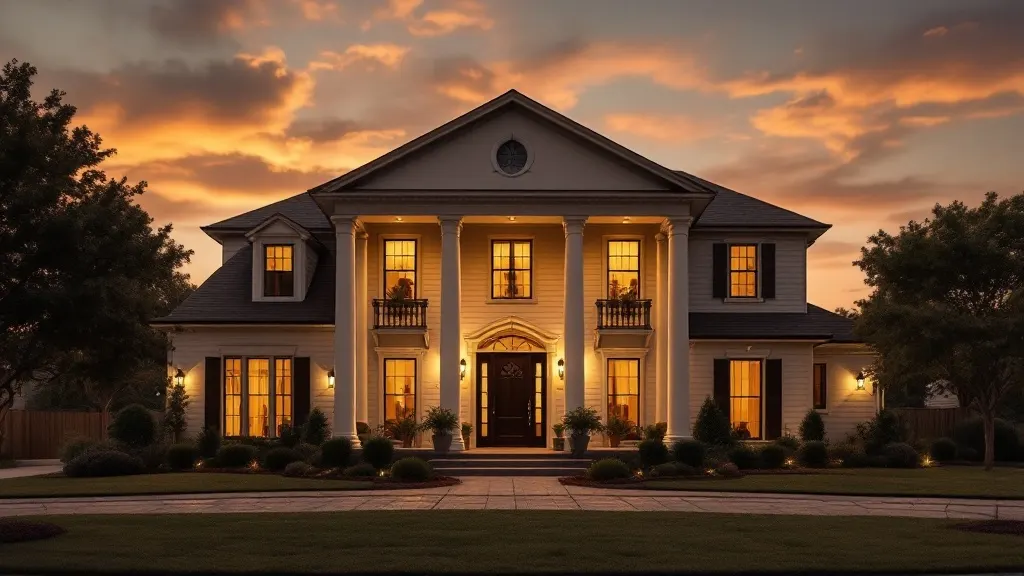 A classic columned two-story home lit warmly at evening.