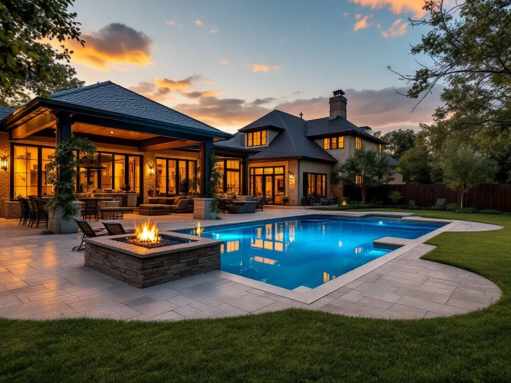 An expansive backyard with a pool, fire pit, and covered patio at golden hour.